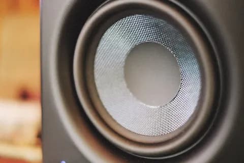 Close-up macro photograph of a studio subwoofer cone