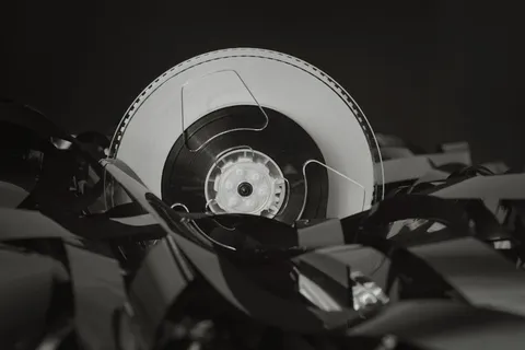 Close-up macro photograph of an analog cassette tape reel showing the wound magnetic tape detail