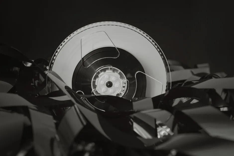 Close-up macro photograph of an analog cassette tape reel showing the wound magnetic tape detail