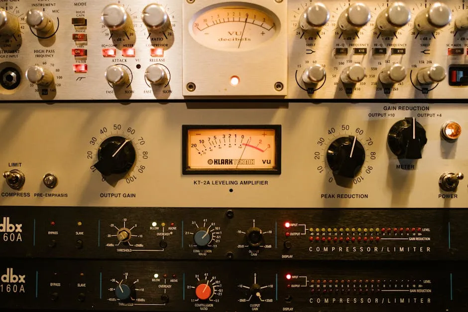 Close-up of a studio compressor knob and faceplate with soft lighting